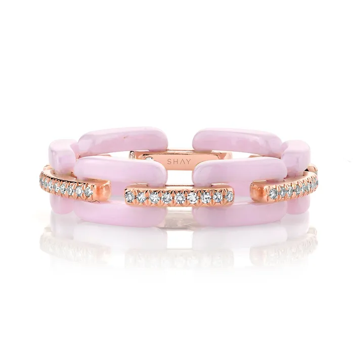 Rings SHAY JEWELRY READY TO SHIP DIAMOND PAVE PINK CERAMIC MINI DECO LINK RING