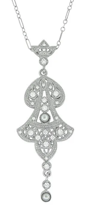Antique Jewelry Mall Edwardian Pearl Lavalier Drop Pendant Necklace in 14 Karat White Gold Necklaces Antique Jewelry Mall Edwardian Pearl Lavalier Drop Pendant Necklace in 14 Karat White Gold Necklaces