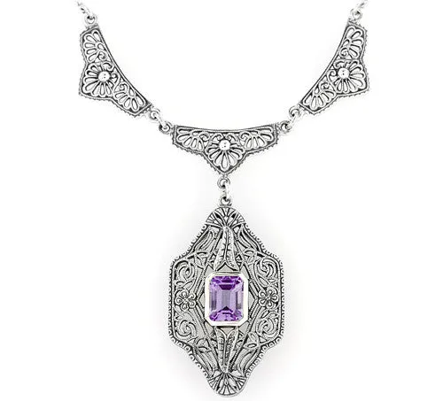Antique Jewelry Mall Necklaces Art Deco Vintage Filigree Amethyst Dangle Drop Pendant Necklace in Sterling Silver Antique Jewelry Mall Necklaces Art Deco Vintage Filigree Amethyst Dangle Drop Pendant Necklace in Sterling Silver