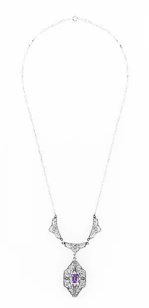 Antique Jewelry Mall Necklaces Art Deco Vintage Filigree Amethyst Dangle Drop Pendant Necklace in Sterling Silver Antique Jewelry Mall Necklaces Art Deco Vintage Filigree Amethyst Dangle Drop Pendant Necklace in Sterling Silver