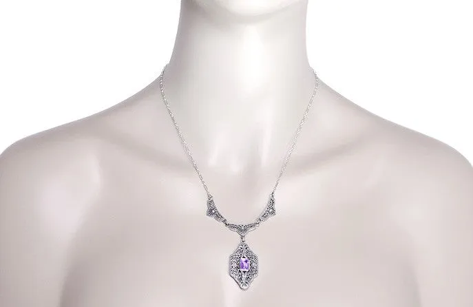 Antique Jewelry Mall Necklaces Art Deco Vintage Filigree Amethyst Dangle Drop Pendant Necklace in Sterling Silver Antique Jewelry Mall Necklaces Art Deco Vintage Filigree Amethyst Dangle Drop Pendant Necklace in Sterling Silver