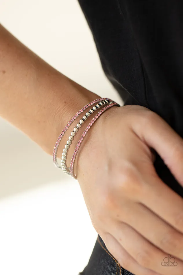 HighEnd Eye Candy Pink Rhinestone Silver Coil Cuff Bracelet Paparazzi Paparazzi Accessories Bracelets