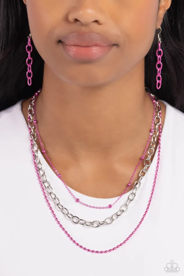 Mardi Gras Mayhem Pink and Silver Chain Short Necklace Paparazzi Paparazzi Accessories Necklaces