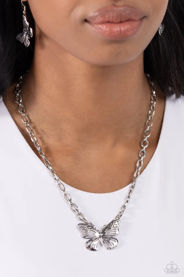 Midair Monochromatic Silver Butterfly Short Necklace Paparazzi Paparazzi Accessories Necklaces