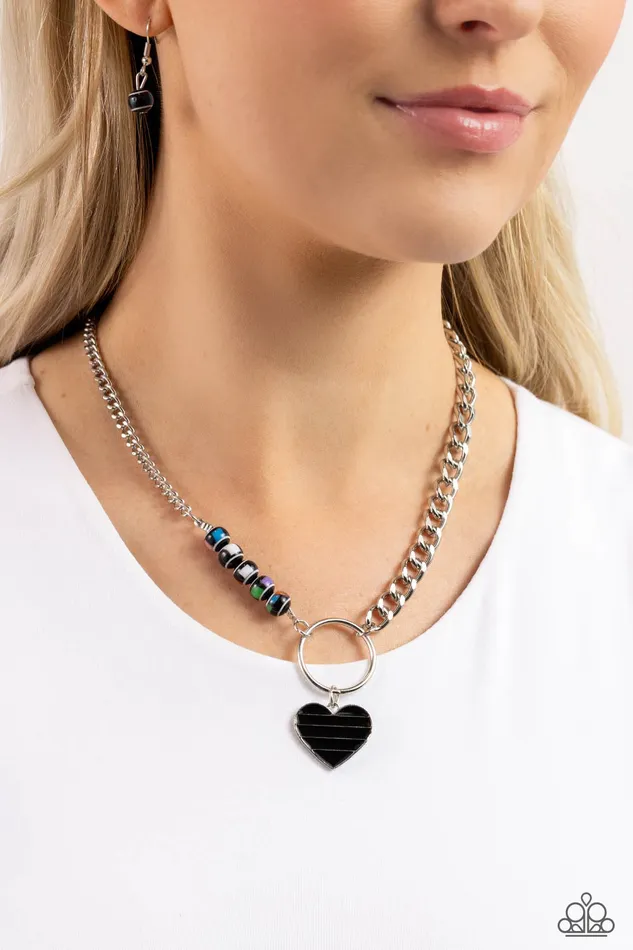 Mismatched Mayhem Black Bead and Heart Silver Short Necklace Paparazzi Paparazzi Accessories Necklaces