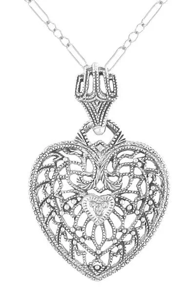 Necklaces Antique Jewelry Mall Heart of Love Art Deco Filigree Diamond Pendant Necklace in Sterling Silver Necklaces Antique Jewelry Mall Heart of Love Art Deco Filigree Diamond Pendant Necklace in Sterling Silver