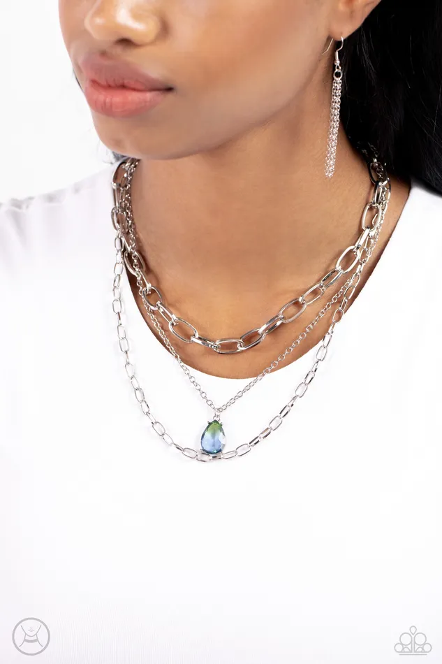 Necklaces Paparazzi Accessories Teardrop Tiers Green and Blue Ombre Gem Silver Layered Choker Necklace Paparazzi