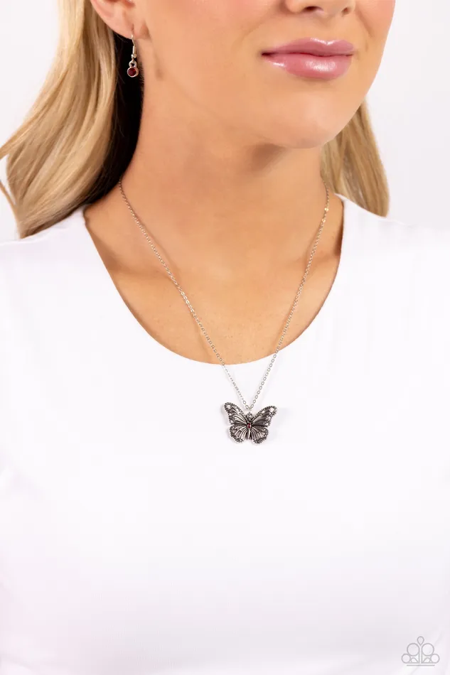 Necklaces Paparazzi Accessories Textured Talent Red Rhinestone Silver Butterfly Short Necklace Paparazzi