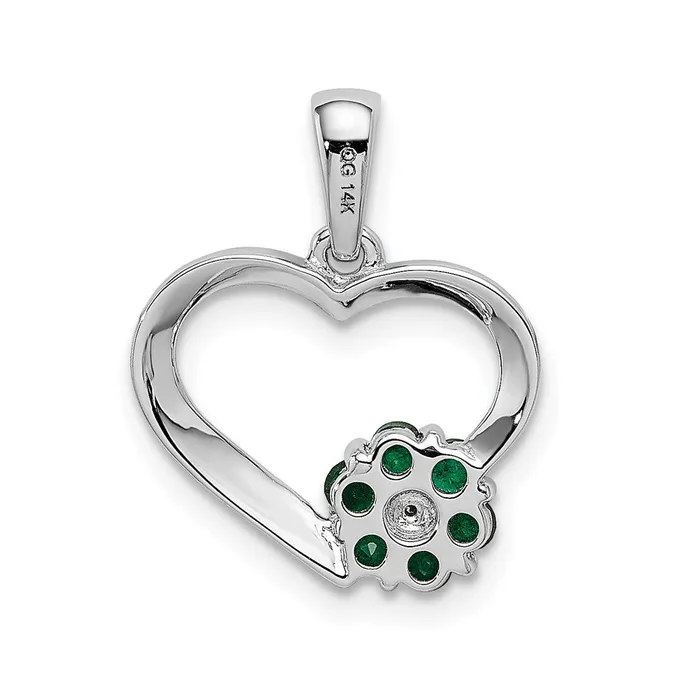 Necklaces Qgold 14k White Gold Diamond and Emerald Heart and Flower Pendant 105 grams