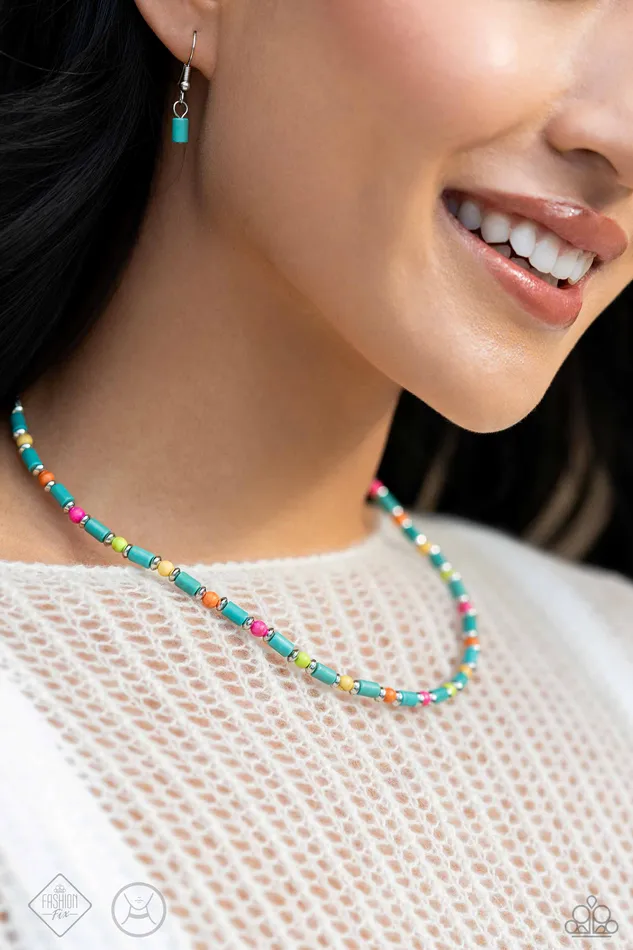 Paparazzi Accessories Arid Ambiance Blue Turquoise Silver and Colorful Bead Choker Necklace Paparazzi Fashion Fix February 2024 Necklaces