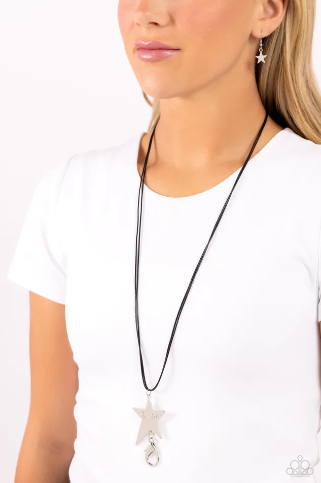 Paparazzi Accessories Default Dreamer Black Suede Silver Star Dream Inspirational Lanyard Necklace Paparazzi Necklaces