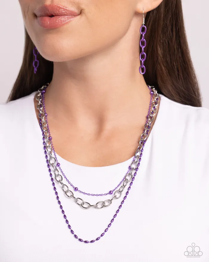 Paparazzi Accessories Necklaces Mardi Gras Mayhem Purple Metallic and Silver Chain Layered Short Necklace Paparazzi