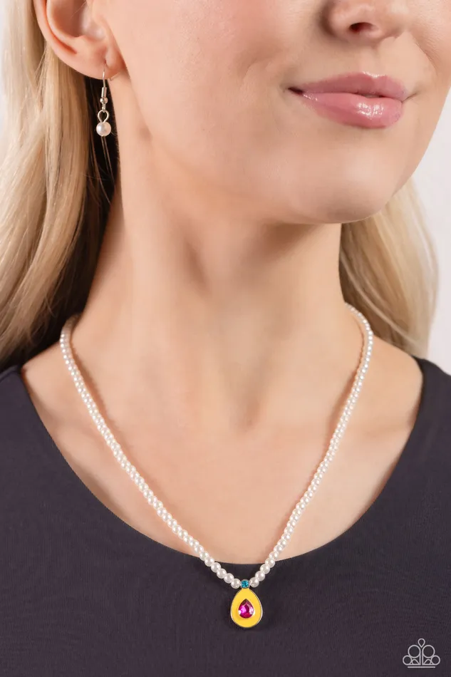 Paparazzi Accessories Necklaces PEARLdemonium Yellow Teardrop Pink Gem White Pearl Short Necklace Paparazzi