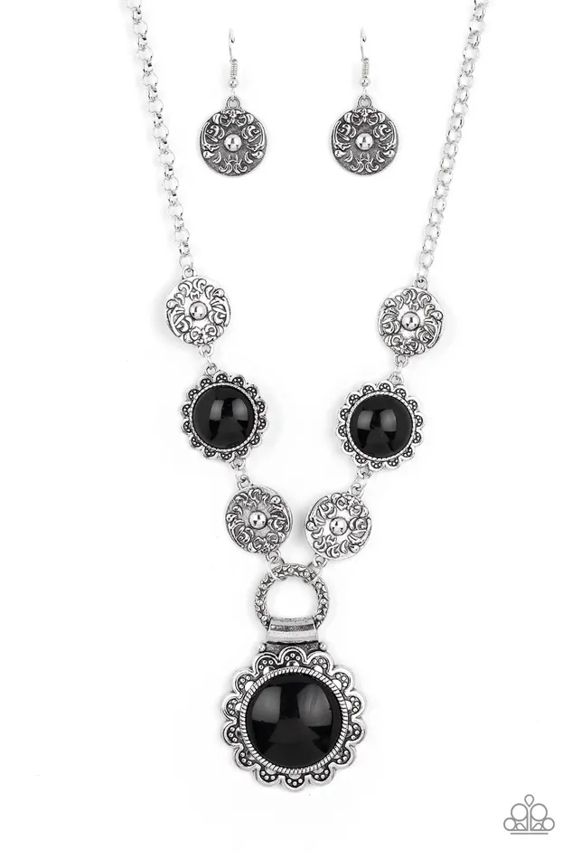 Paparazzi Accessories Necklaces Poppy Persuasion Black Stone Silver Floral Short Necklace Paparazzi