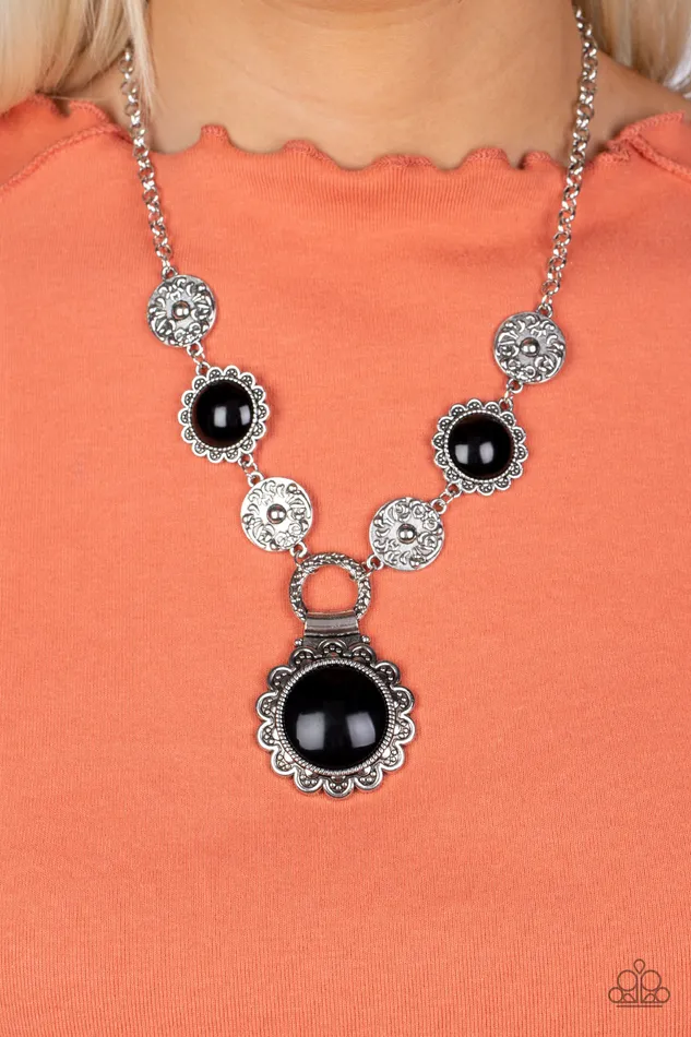 Paparazzi Accessories Necklaces Poppy Persuasion Black Stone Silver Floral Short Necklace Paparazzi