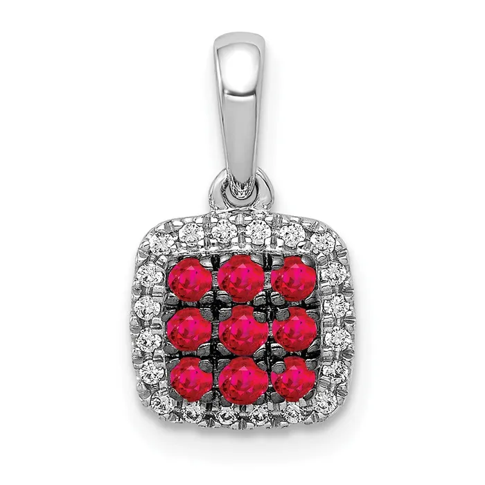 Qgold Necklaces 14k White Gold Diamond and 23 Ruby Square Halo Pendant 105 grams