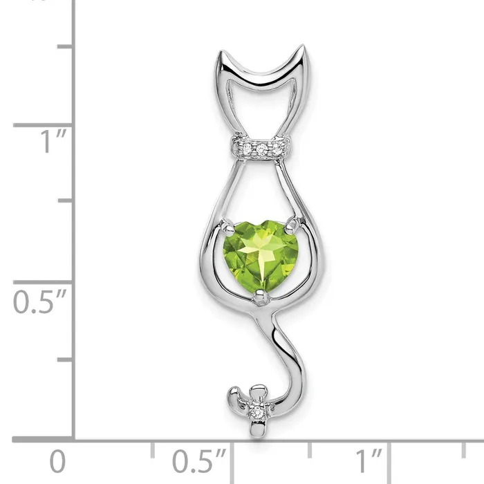 Qgold Necklaces 14k White Gold Peridot and Diamond Cat Pendant 165 grams